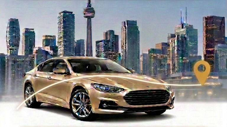 Berline MonOrbit™ beige devant la silhouette de la ville, avec un tracé et un repère de destination